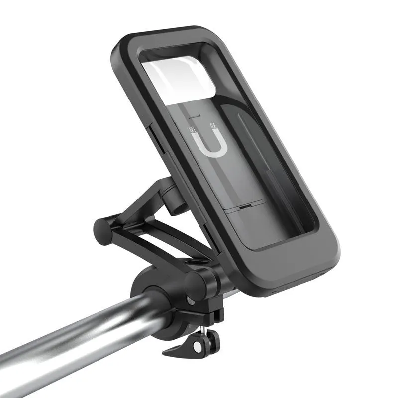 Black waterproof bicycle phone holder mount with magnetic suction on a handlebar, showing adjustable joints.