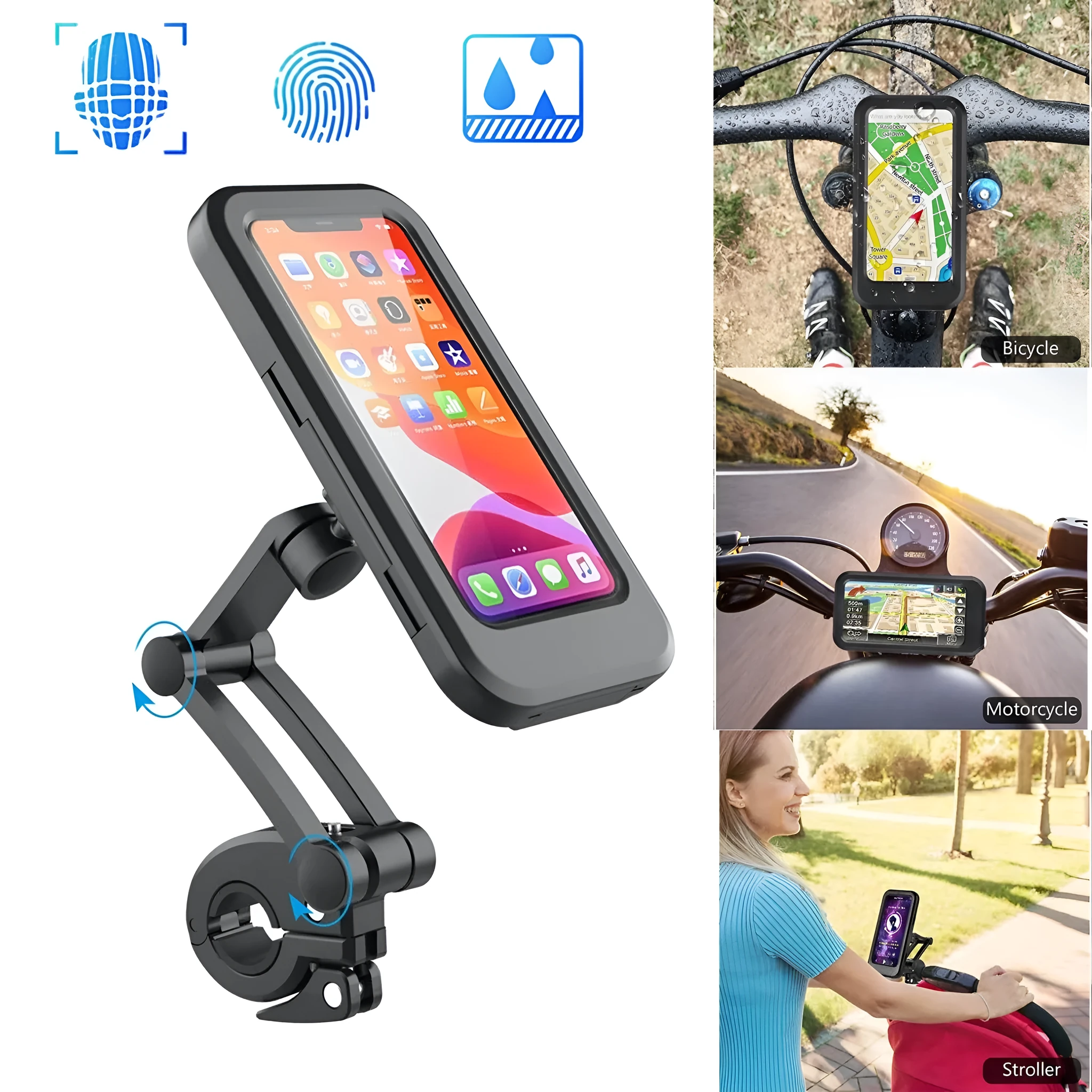 Black waterproof bicycle phone holder mount with magnetic suction on a handlebar, showing adjustable joints.