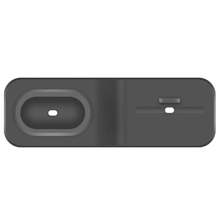 Black silicone 3-in-1 charging base for Apple-compatible iPhone, iWatch and AirPods devices on flat surface