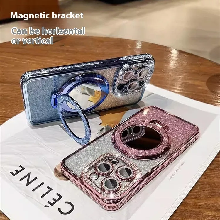 Glitter gradient iPhone case with built-in stand bracket in pink, blue, purple, silver, gold, and black colour options.