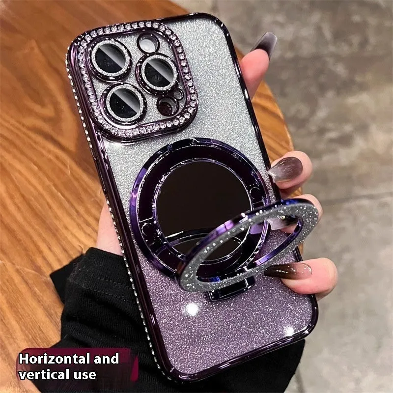 Glitter gradient iPhone case with built-in stand bracket in pink, blue, purple, silver, gold, and black colour options.