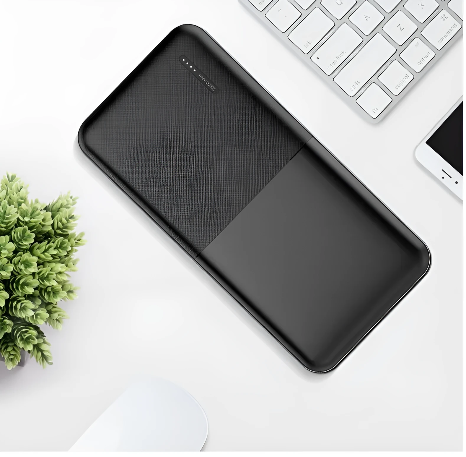 Black or white 20000mAh power bank with multiple USB ports showing dimensions 140mm x 69mm