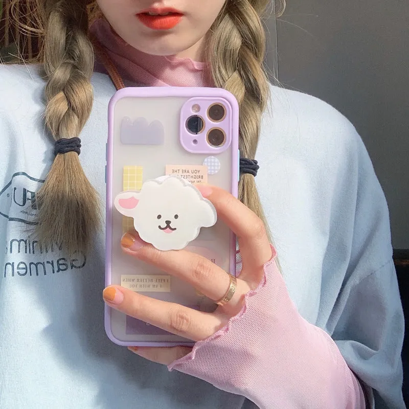 Frosted painted TPU mobile phone case with a flip-out stand, shown on the back of an iPhone.