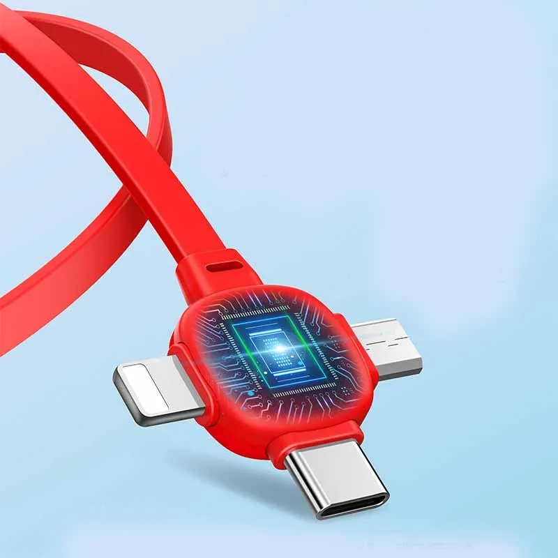 Stretchable three-in-one data cable showing USB, Lightning and Micro USB connectors with extended and retracted positions