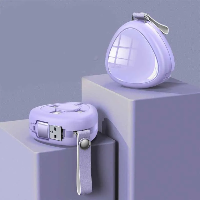 Stretchable three-in-one data cable showing USB, Lightning and Micro USB connectors with extended and retracted positions