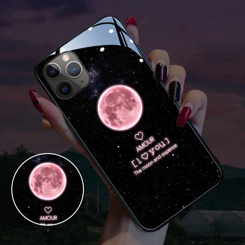 Voice-activated iPhone case with tempered glass back and colourful LED flash, showing cool lightning graphic design.