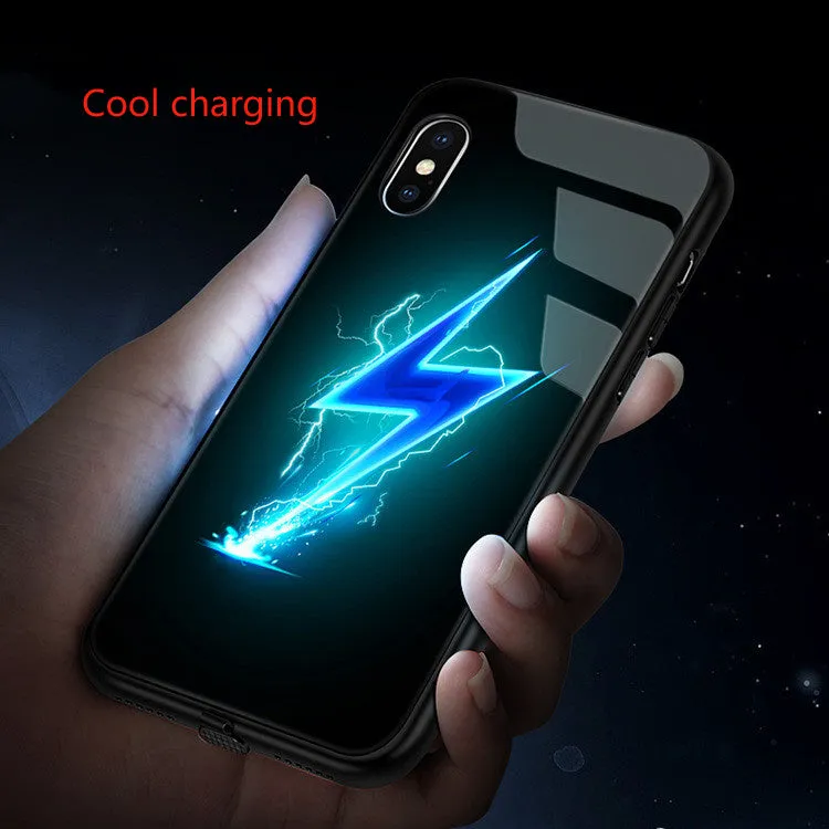 Voice-activated iPhone case with tempered glass back and colourful LED flash, showing cool lightning graphic design.
