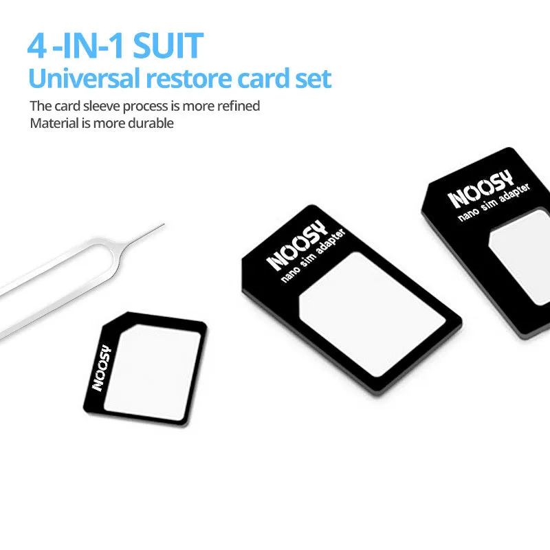 SIM Restore four-in-one adapter kit showing three plastic SIM converters and a metal ejector pin.