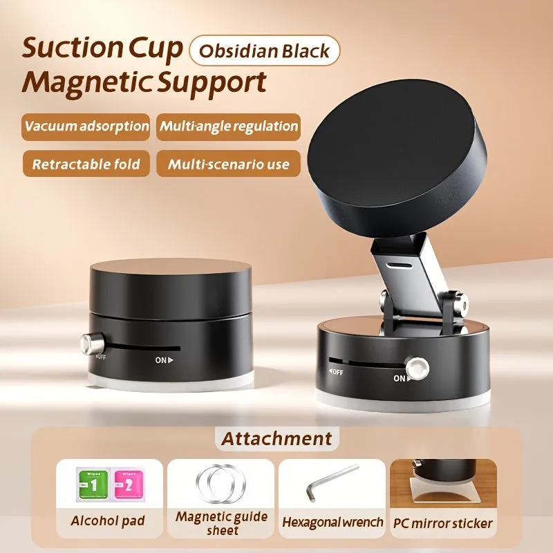 Black magnetic car phone holder with suction cup mount on a dashboard, showing 360-degree rotation.