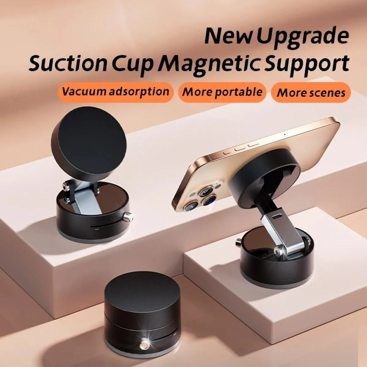 Black magnetic car phone holder with suction cup mount on a dashboard, showing 360-degree rotation.