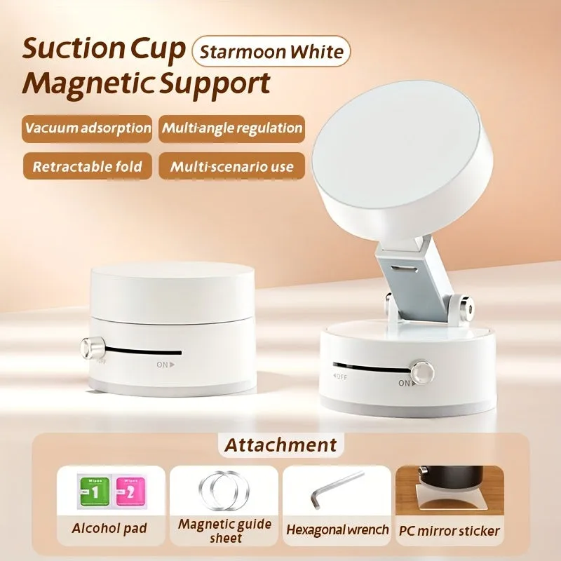 Black magnetic car phone holder with suction cup mount on a dashboard, showing 360-degree rotation.