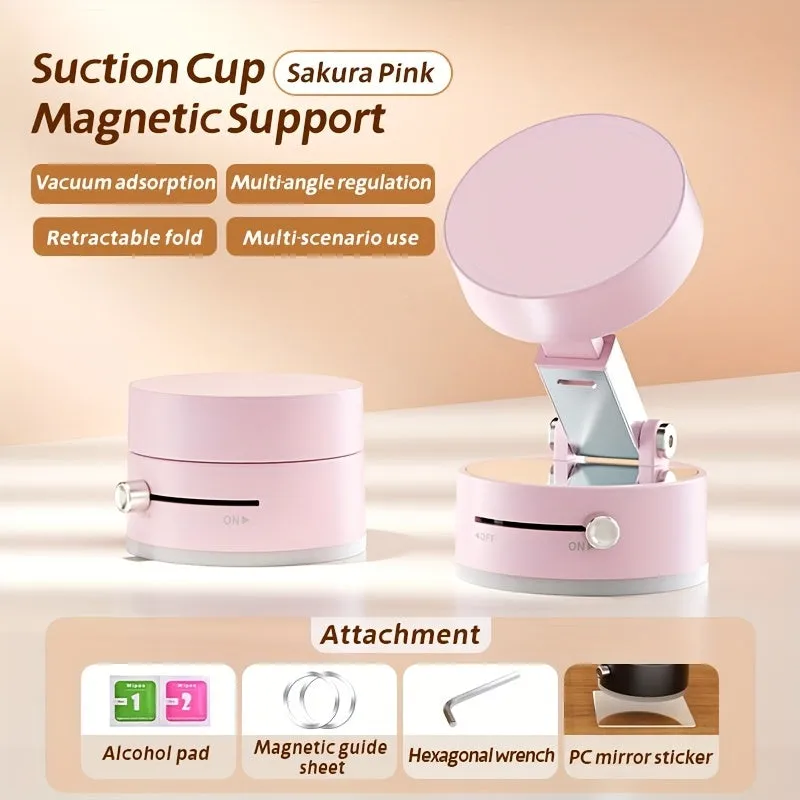 Black magnetic car phone holder with suction cup mount on a dashboard, showing 360-degree rotation.