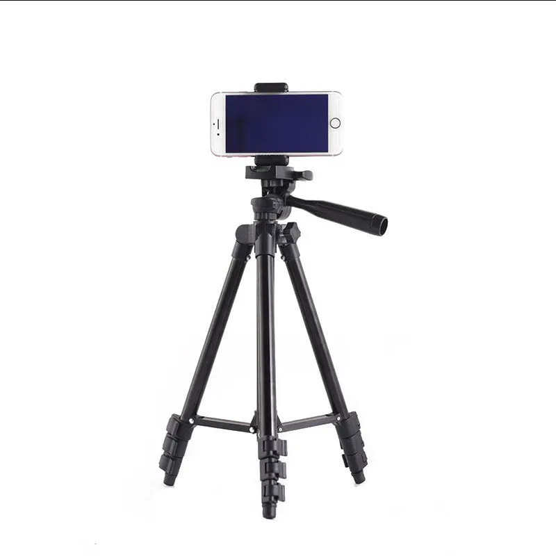 Black aluminium alloy portable tripod with 3D head extended to full height.