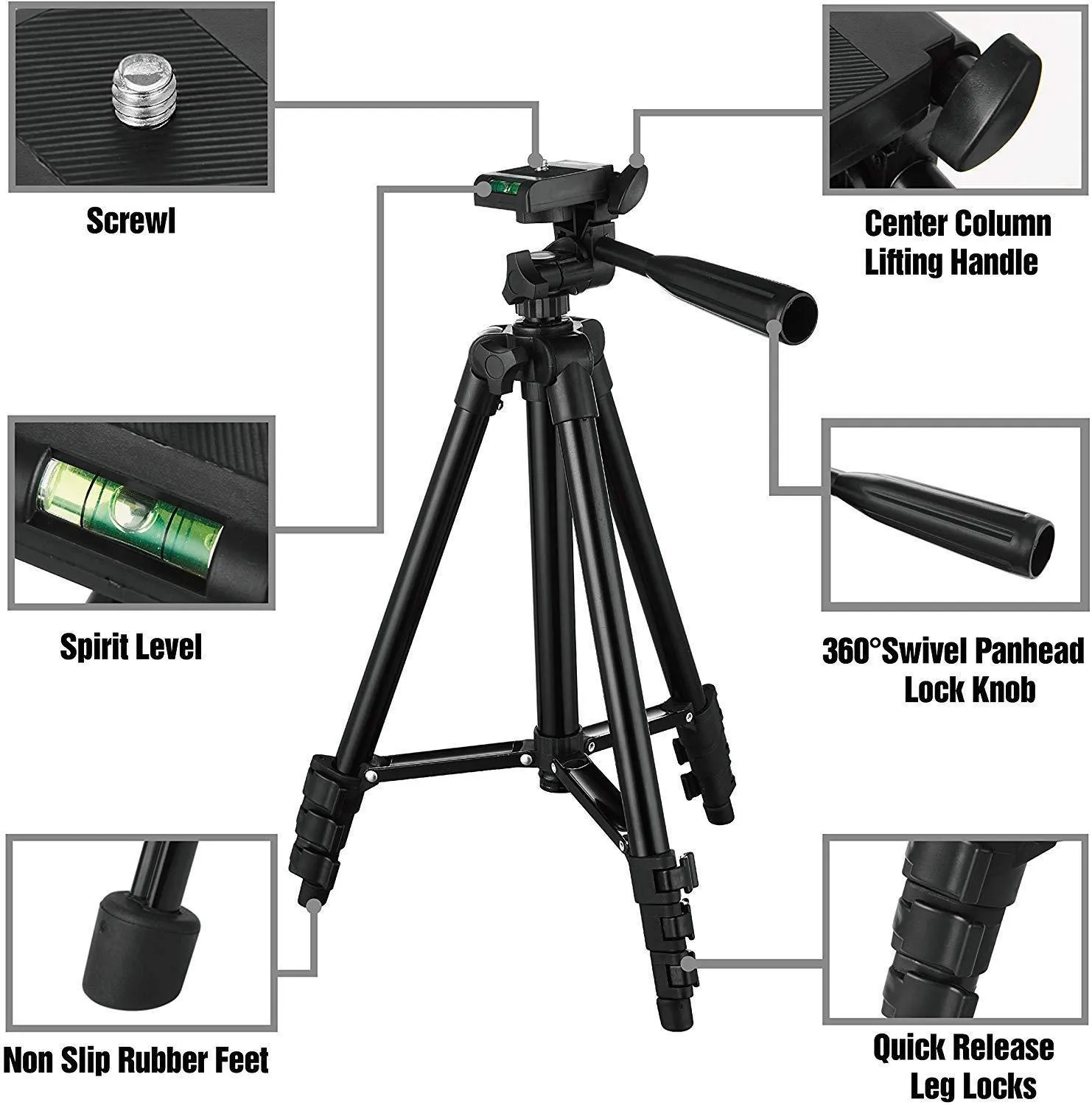Black aluminium alloy portable tripod with 3D head extended to full height.