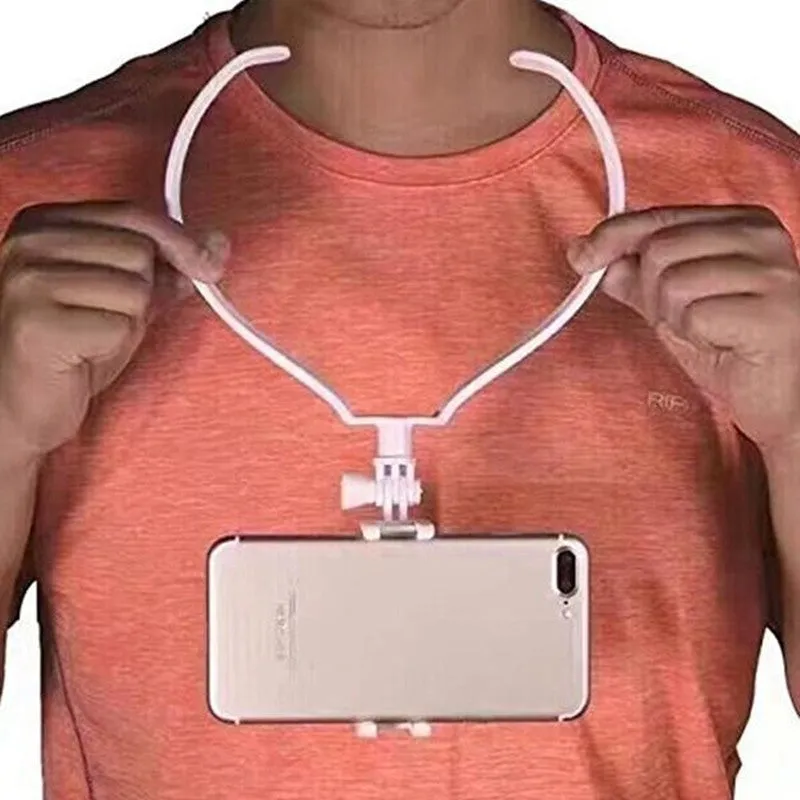 Black wearable phone holder with flexible neck ring shown in use as a hands-free smartphone mount.