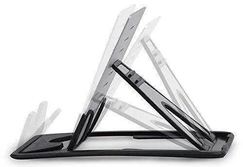 Black card phone holder measuring 8.5cm by 5cm on desktop surface