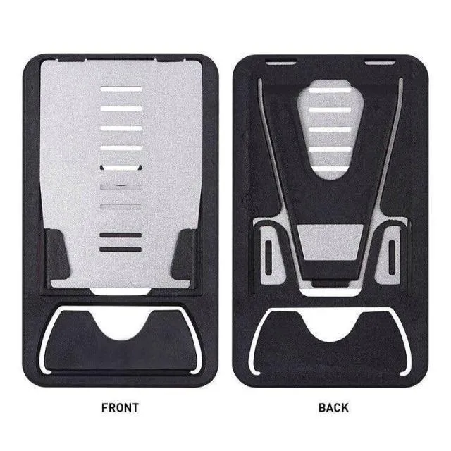 Black card phone holder measuring 8.5cm by 5cm on desktop surface