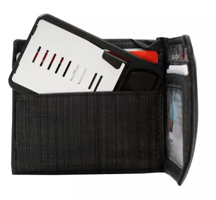 Black card phone holder measuring 8.5cm by 5cm on desktop surface