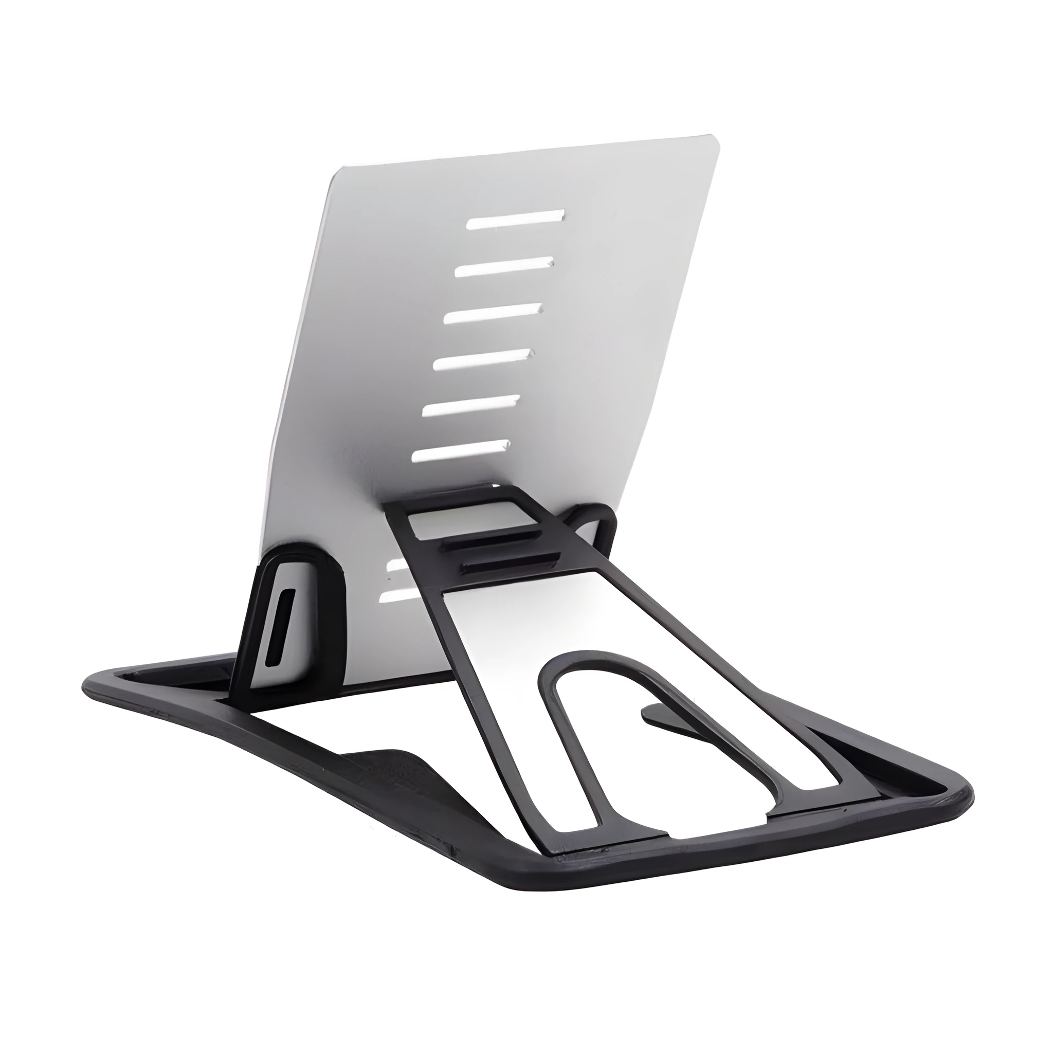 Black card phone holder measuring 8.5cm by 5cm on desktop surface