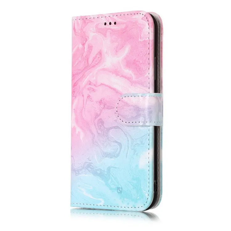 Marble flip wallet iPhone case with cartoon animal design showing card slots and magnetic closure