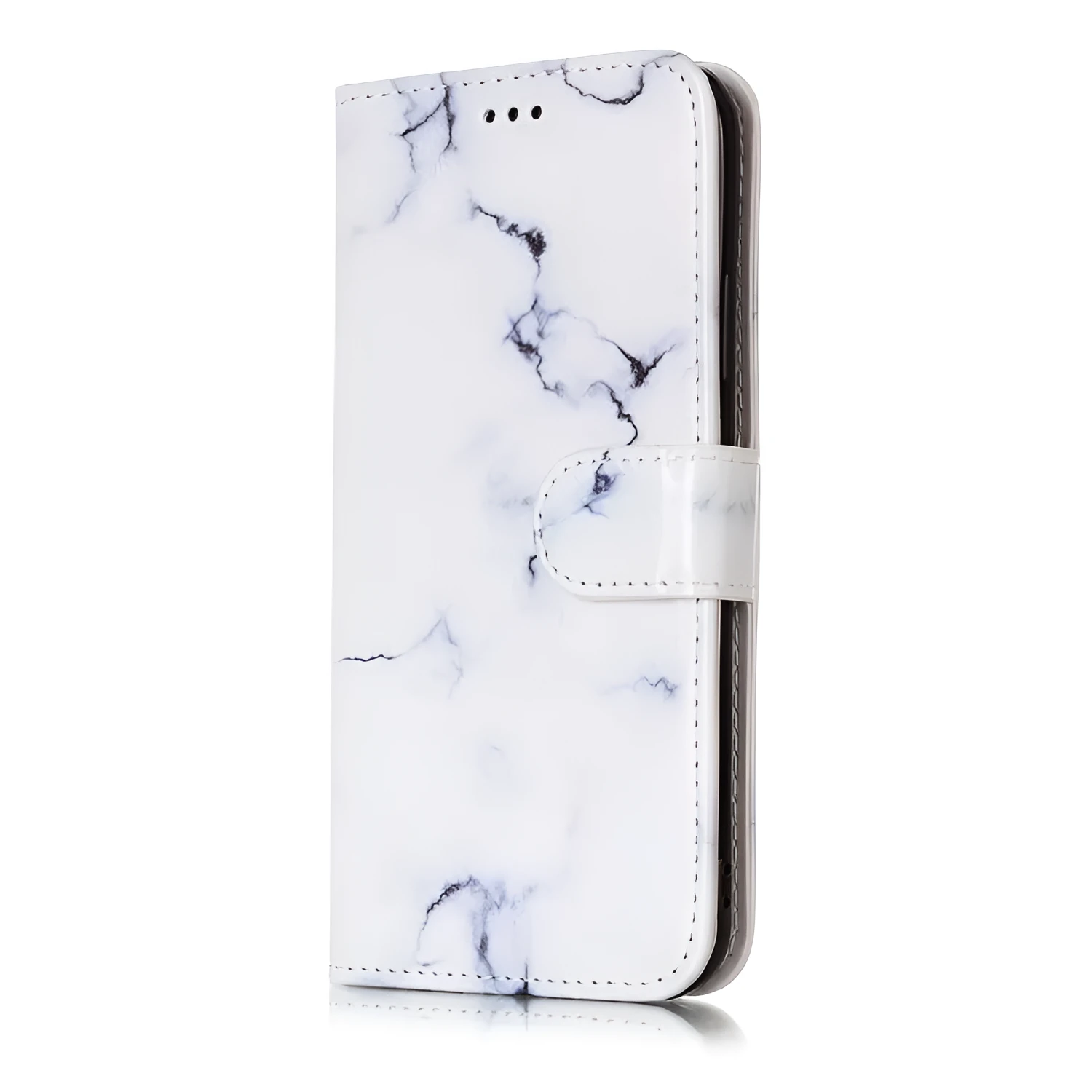 Marble flip wallet iPhone case with cartoon animal design showing card slots and magnetic closure