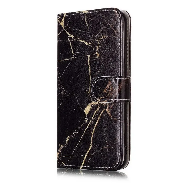 Marble flip wallet iPhone case with cartoon animal design showing card slots and magnetic closure