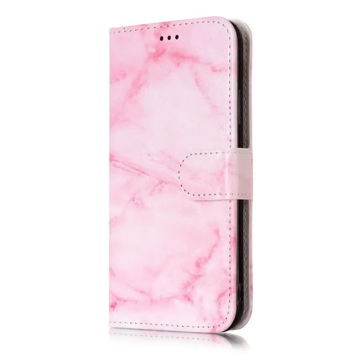 Marble flip wallet iPhone case with cartoon animal design showing card slots and magnetic closure