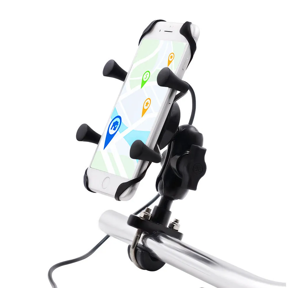 Black aluminium alloy motorcycle phone mounting bracket attached to a bike handlebar.