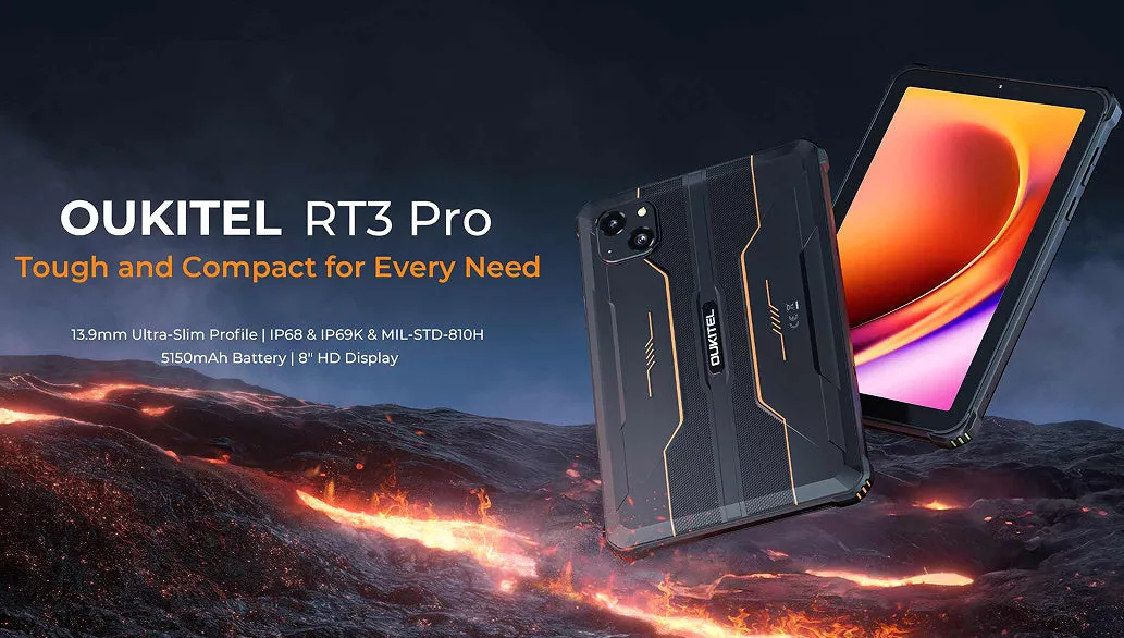 RT3 PRO mobile phone in orange, grey, and green colour options with included charger.