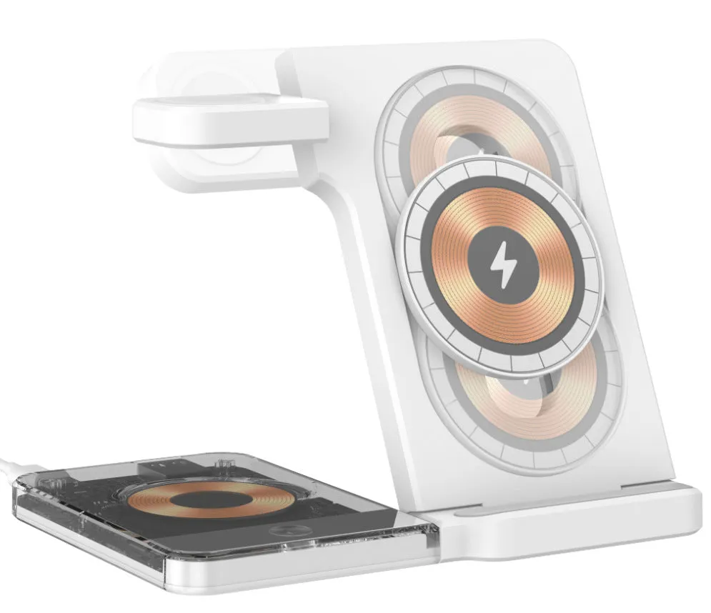 Foldable black wireless charging stand showing magnetic phone charging, Apple Watch charging, and night light function