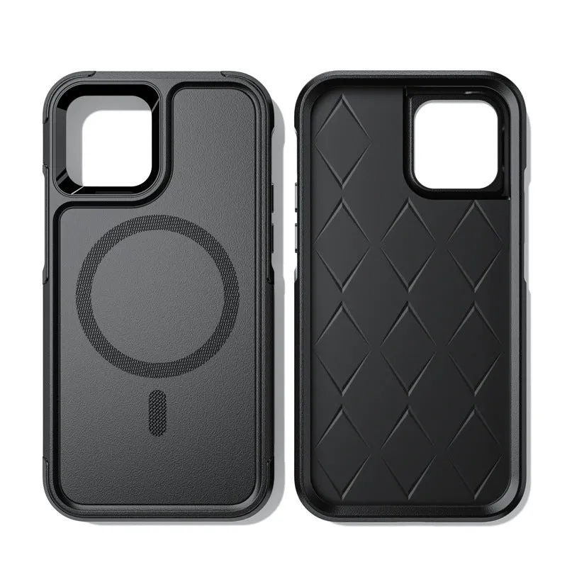 Black shatterproof magnetic phone case for iPhone 12 and 13 series models showing front and back views