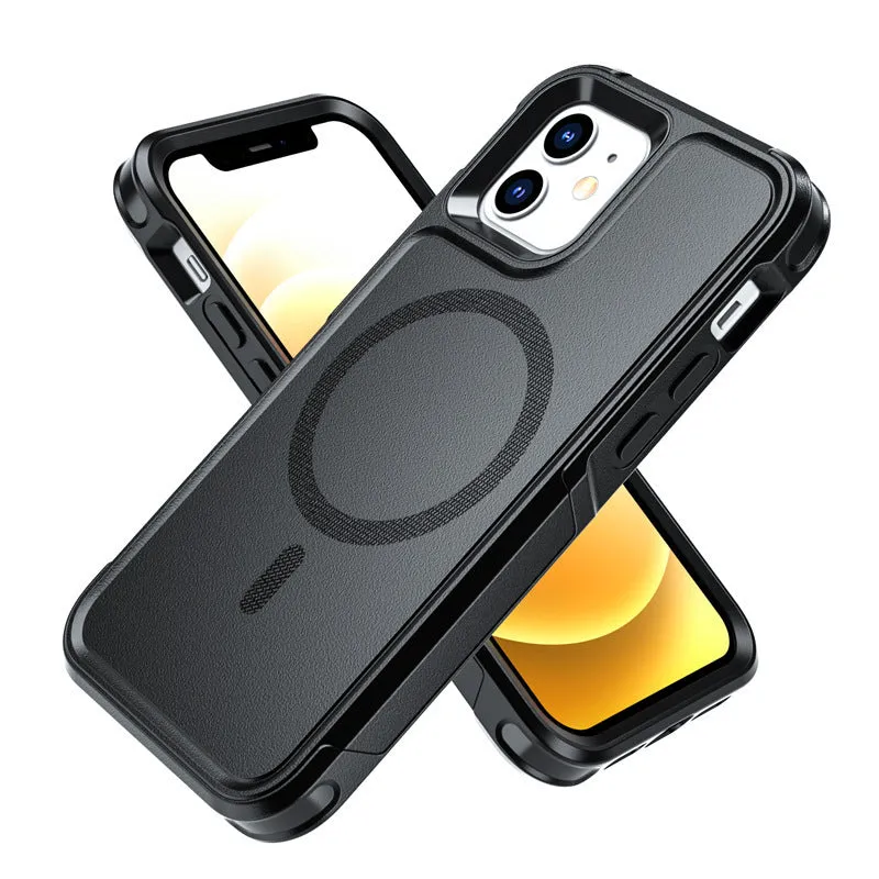 Black shatterproof magnetic phone case for iPhone 12 and 13 series models showing front and back views