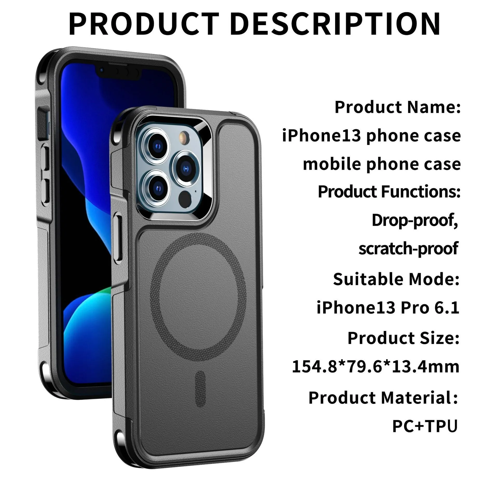 Black shatterproof magnetic phone case for iPhone 12 and 13 series models showing front and back views
