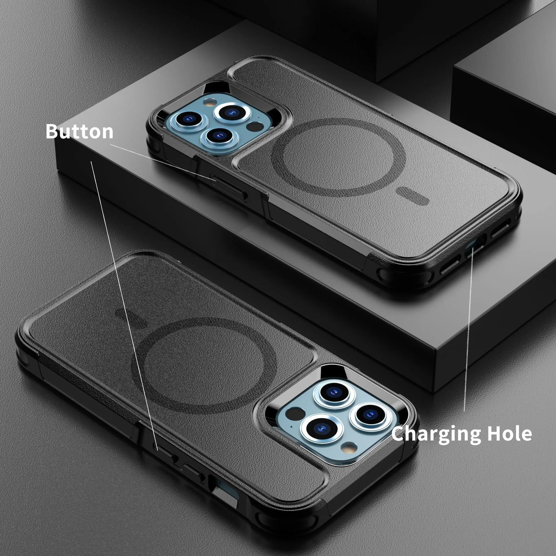 Black shatterproof magnetic phone case for iPhone 12 and 13 series models showing front and back views