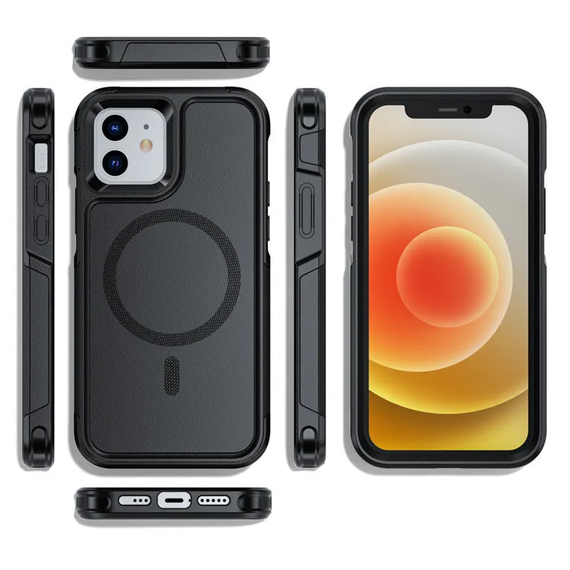 Black shatterproof magnetic phone case for iPhone 12 and 13 series models showing front and back views