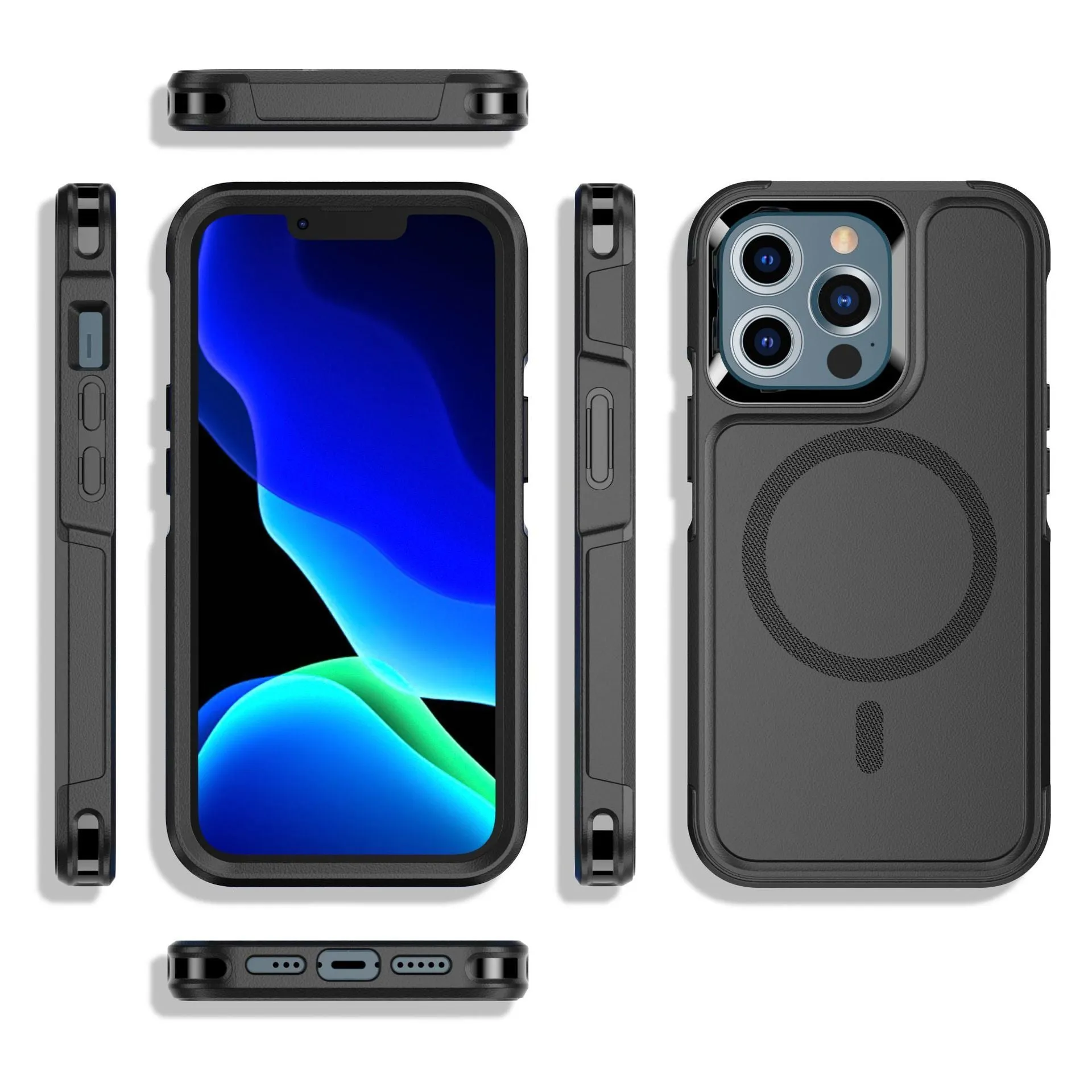Black shatterproof magnetic phone case for iPhone 12 and 13 series models showing front and back views