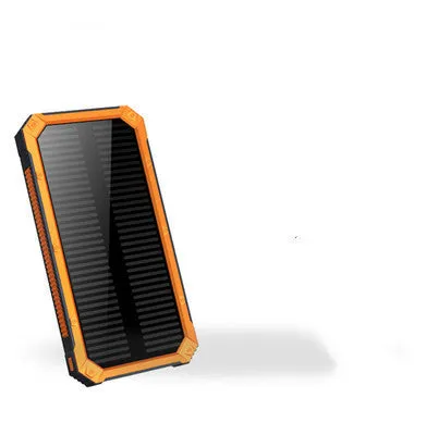 Solar power bank in orange, green, black or yellow with polymer lithium battery and compact plastic housing