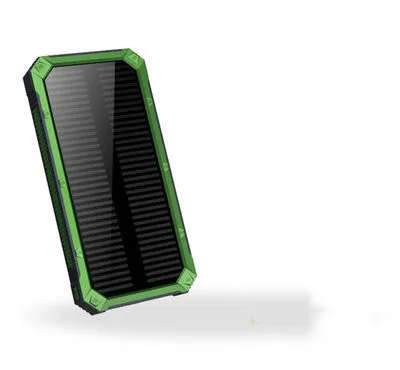 Solar power bank in orange, green, black or yellow with polymer lithium battery and compact plastic housing
