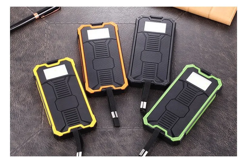 Solar power bank in orange, green, black or yellow with polymer lithium battery and compact plastic housing