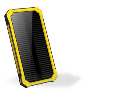 Solar power bank in orange, green, black or yellow with polymer lithium battery and compact plastic housing