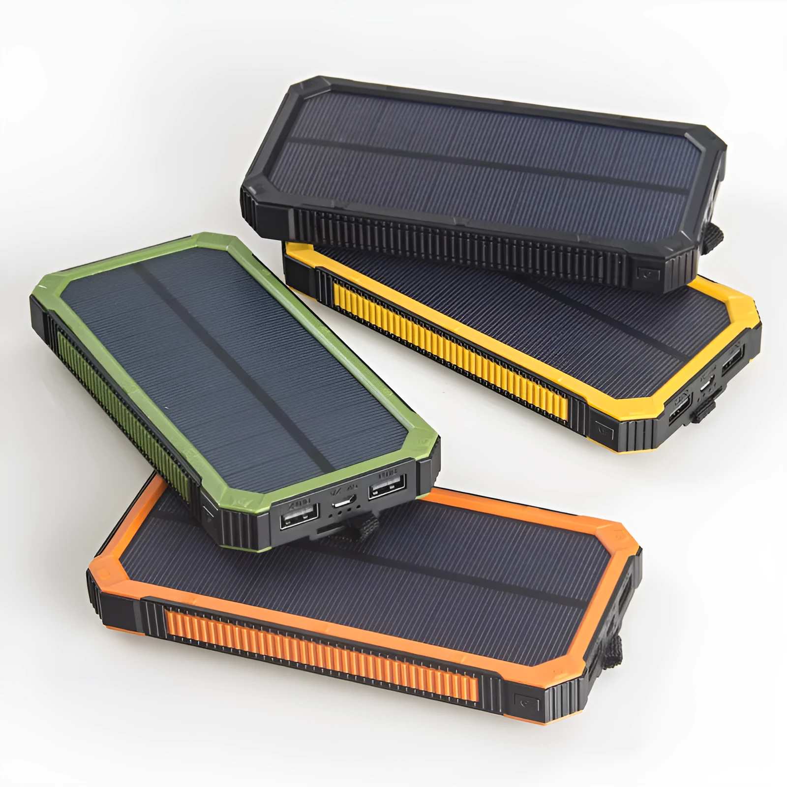 Solar power bank in orange, green, black or yellow with polymer lithium battery and compact plastic housing