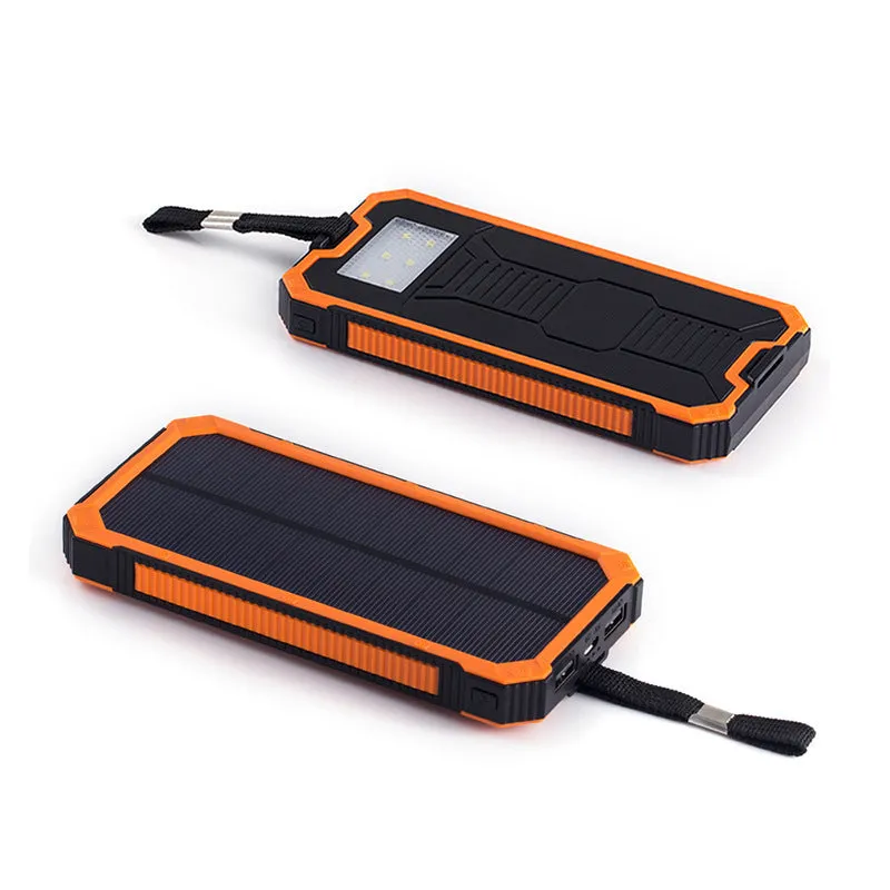 Solar power bank in orange, green, black or yellow with polymer lithium battery and compact plastic housing
