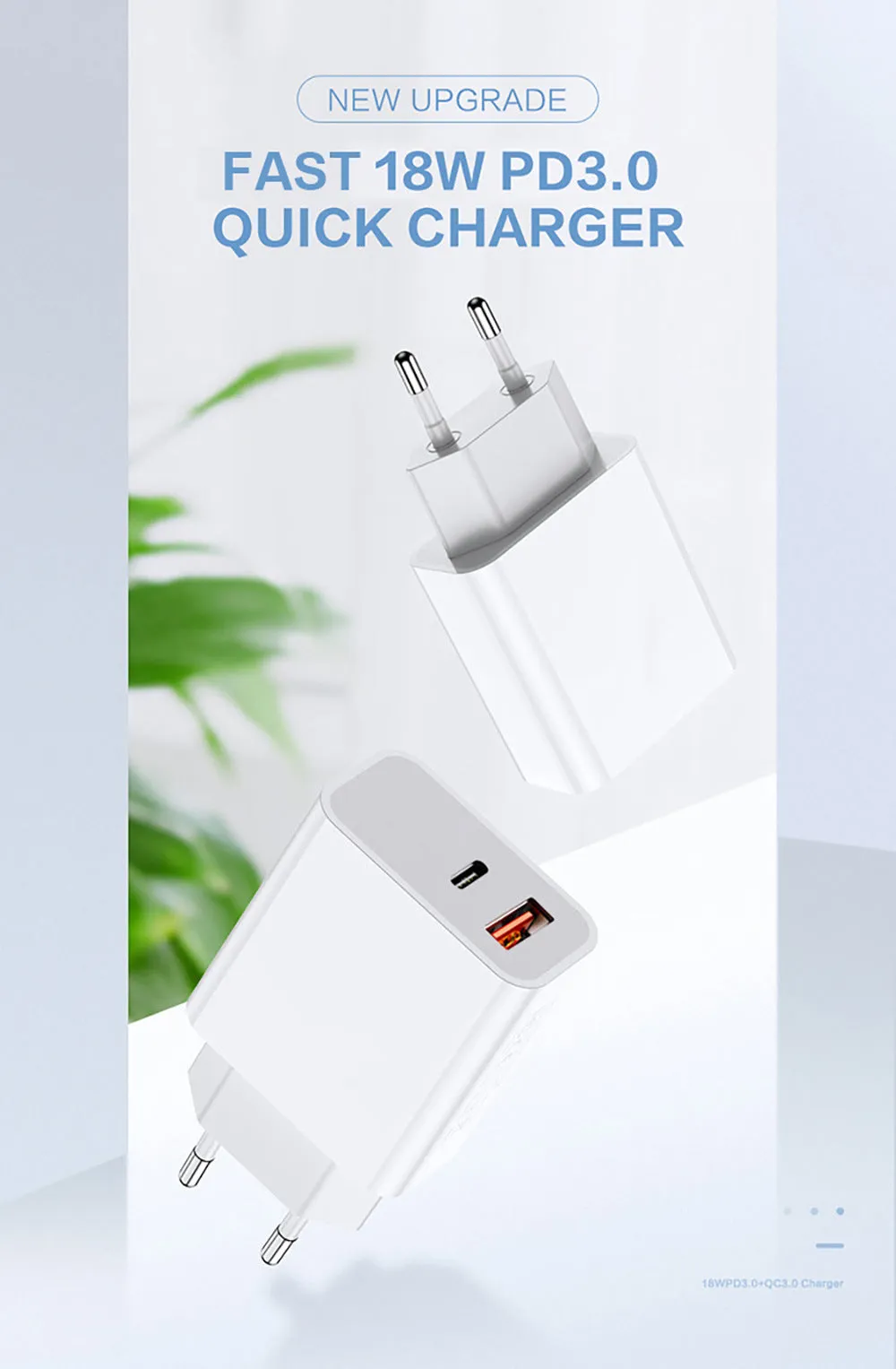 White 18W fast charger with USB Type-C and standard USB ports, shown with EU, UK, and US plug options.
