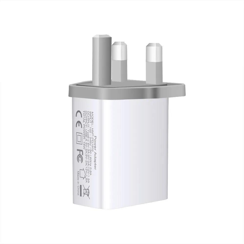 White 18W fast charger with USB Type-C and standard USB ports, shown with EU, UK, and US plug options.