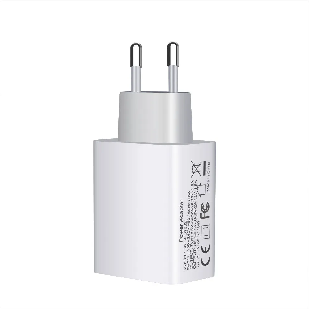 White 18W fast charger with USB Type-C and standard USB ports, shown with EU, UK, and US plug options.