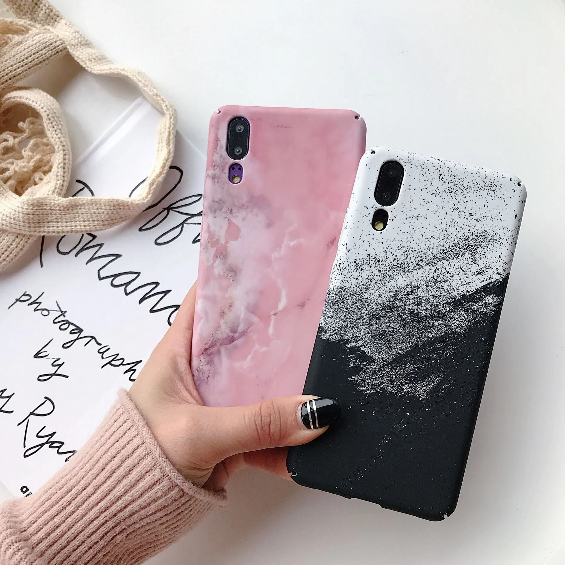 Painted Huawei phone case in black colour showing back cover design