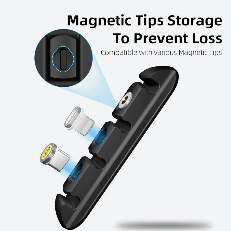 Black soft plastic desktop magnetic cable organiser and charging base stand.