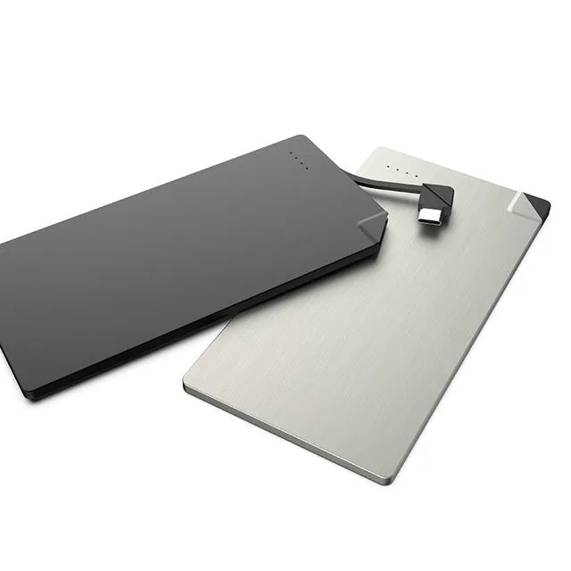 Silver graphene battery power bank measuring 140mm x 72mm x 4mm with 4000mAh capacity