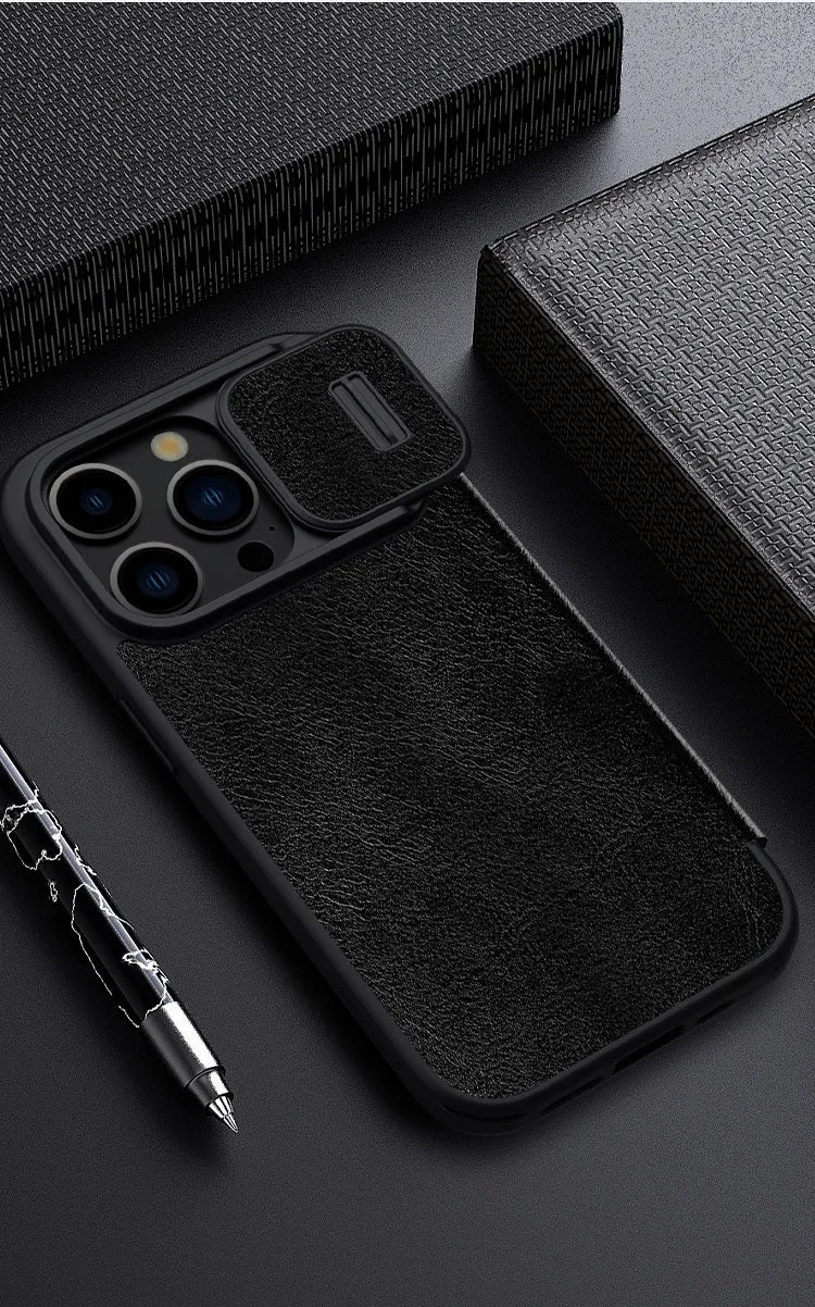 iPhone 15 imitation leather flip case in black, brown, and red colour options showing front cover design