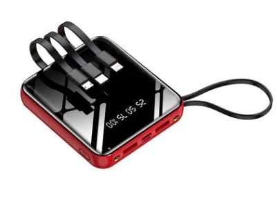 Four-wire power bank with digital display showing battery percentage, available in multiple colours